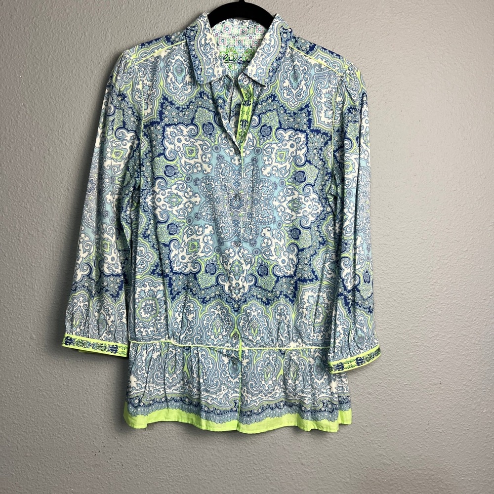 Ronan Graham Tunic Blouse Women Blue Green Paisley Print Long Sleeve Shirt Top